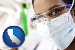 california map icon and an environmental testing lab technician