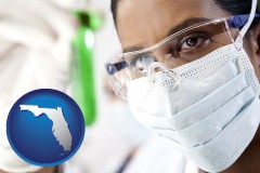 florida map icon and an environmental testing lab technician