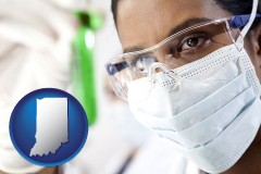 indiana map icon and an environmental testing lab technician