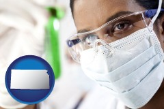 kansas map icon and an environmental testing lab technician
