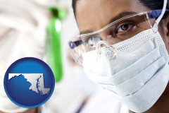 maryland map icon and an environmental testing lab technician