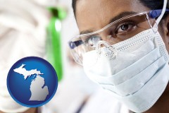 michigan map icon and an environmental testing lab technician