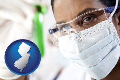 new-jersey map icon and an environmental testing lab technician
