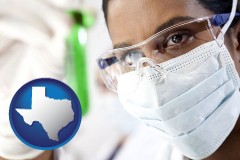 texas map icon and an environmental testing lab technician