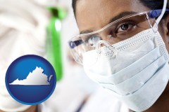 virginia map icon and an environmental testing lab technician