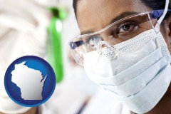 wisconsin map icon and an environmental testing lab technician